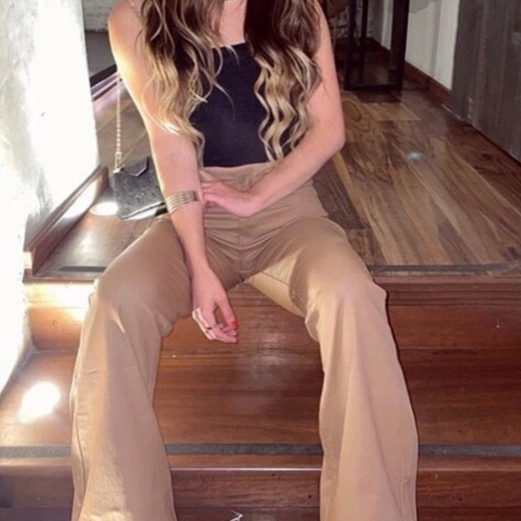 Tan Faux Leather Wax Coated Jeans Flared Leg Bell Bottom High Waist - Picture 14 of 15